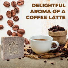 Relaxcation Coffee Scrub Soap Bar packaging; eco-friendly box emphasizes natural ingredients.