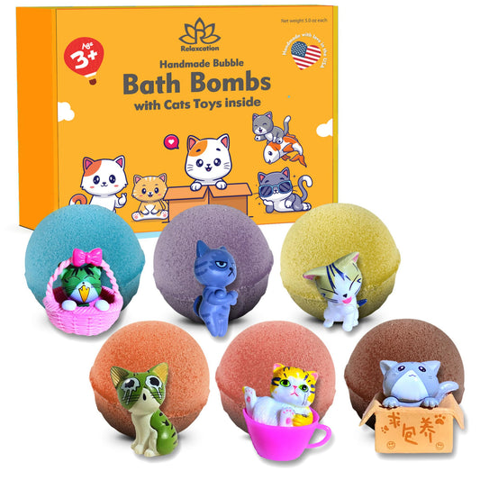 Relaxcation kids bath bomb with a cat surprise inside for playful bath time