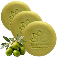 Relaxcation olive soap bar with organic olive oil for gentle daily cleansing.