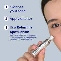 Relumins Advance White On-the-Go Serum application close-up on cheek and under-eye area.