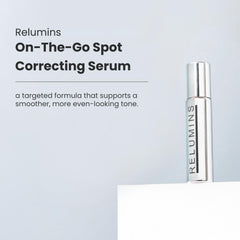 Relumins Advance White On-the-Go Serum bottle next to other skincare products on shelf.