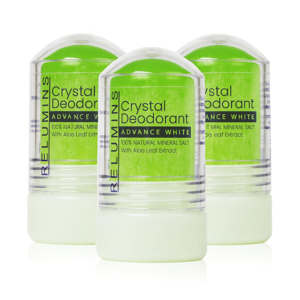 Relumins Aloe Vera Crystal Deodorant bottle showing clear, daily freshness and aluminum-free formula