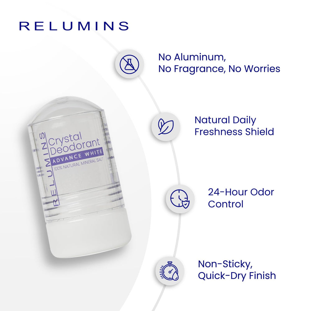 Relumins Crystal Deodorant provides 24-hour odor protection for any daily routine.