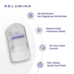 Relumins Crystal Deodorant provides 24-hour odor protection for any daily routine.