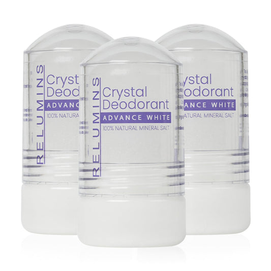 Relumins Crystal Deodorant packaging shows a fragrance-free mineral salt option for daily freshness.