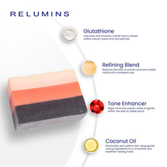 Relumins Glutablend bar with rosehips promoting a refined skin texture.