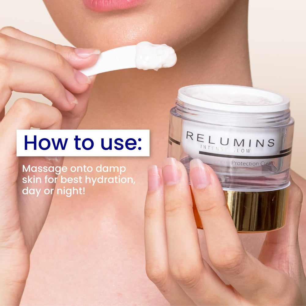 Relumins Intense Glow Daily Protection Cream label detail emphasizes protective, lightweight formula.
