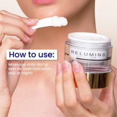 Relumins Intense Glow Daily Protection Cream label detail emphasizes protective, lightweight formula.