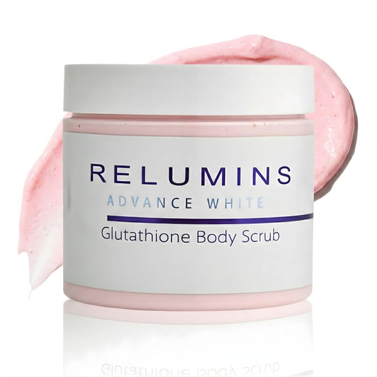 Relumins Premium Summer Body Scrub bottle pouring for smooth, hydrated skin