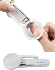 Remedic extra-large nail clippers with magnifier, close-up of sharp carbon steel blades for precise trimming.