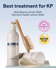 Step-by-step application of Remedy Science KP Exfoliating Body Moisturizer on arms and legs