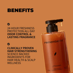 Rememberin Persimmon Shampoo 24-hour-freshness bottle demonstrates all-day deodorizing.