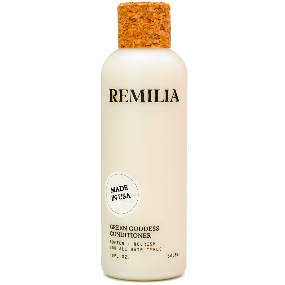 Remilia Green Goddess conditioner bottle front view for detangling