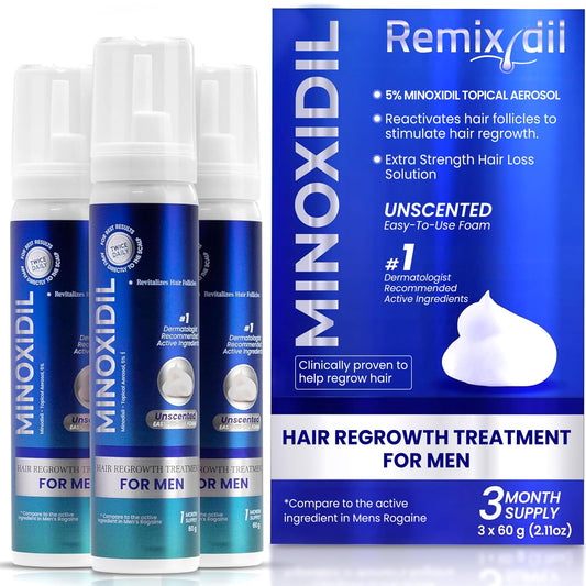 Remixidil foam bottle front view, dermatologist-approved packaging for easy daily use.