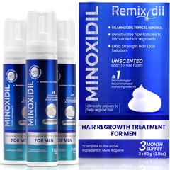 Remixidil foam bottle front view, dermatologist-approved packaging for easy daily use.