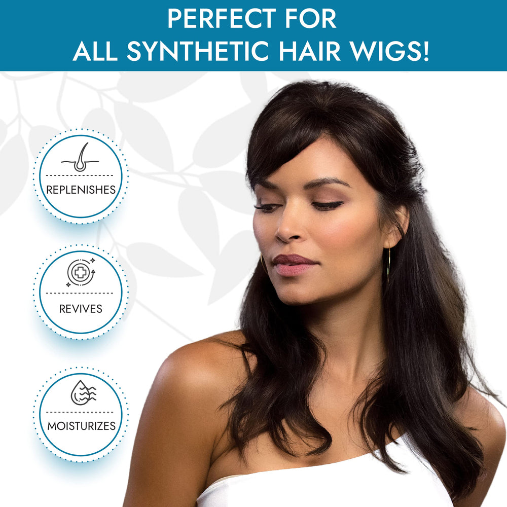 Rene of Paris conditioner bottle adds shine to dull synthetic wigs.