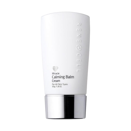 RENECELL Miracle Calming Balm jar close-up showing soothing post-treatment care and light coverage.