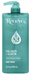 RENEW RX Collagen + Elastin Body Wash bottle pour highlights firming and hydration in daily shower