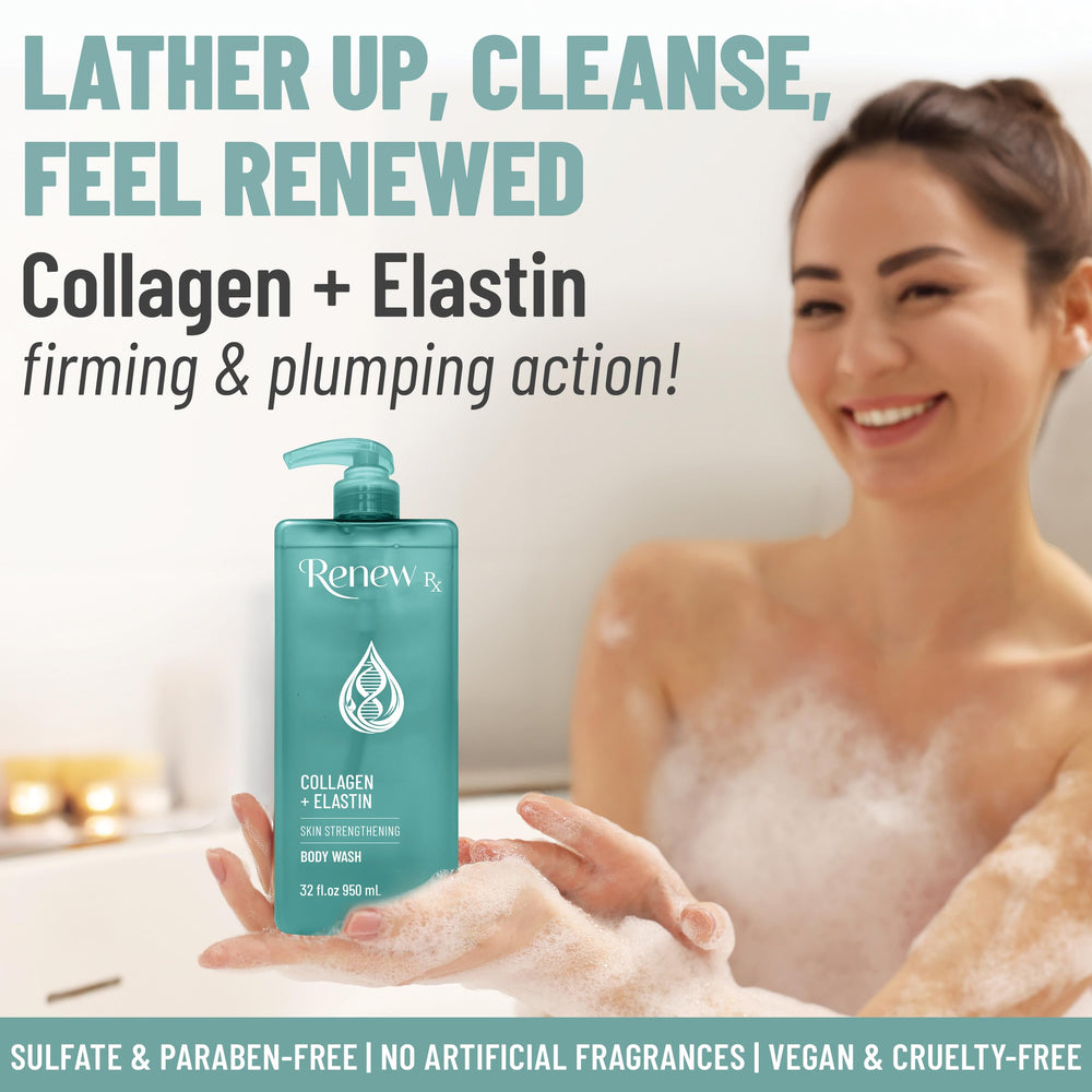 RENEW RX Collagen + Elastin Body Wash label close-up indicates pH-balanced formula for gentle cleansing