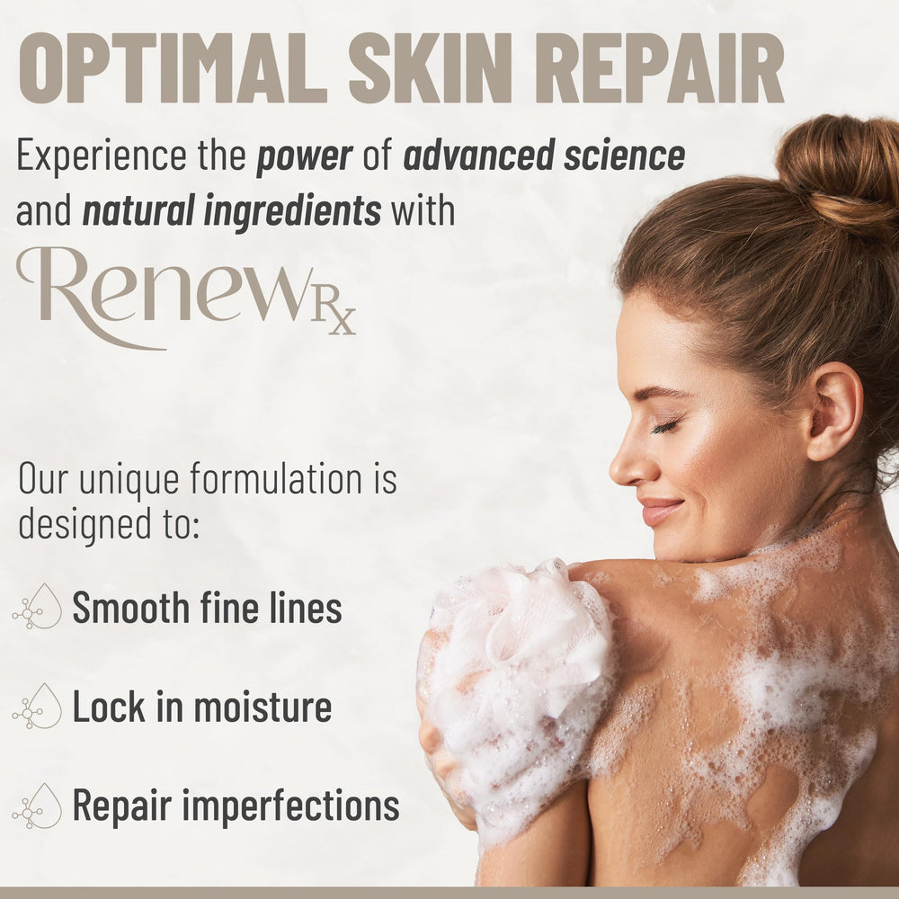 RENEW RX Hyaluronic Acid and Niacinamide ingredients emphasize hydrating support in a bottle