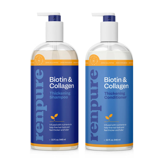 Renpure Biotin & Collagen thickening shampoo bottle promotes fuller-looking hair.