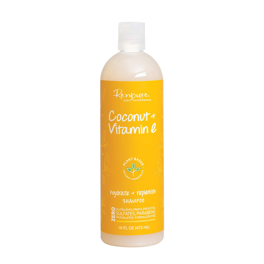 RENPURE Coconut and Vitamin E Hydrate bottle demonstrates moisturizing formula for soft, healthy-looking hair.