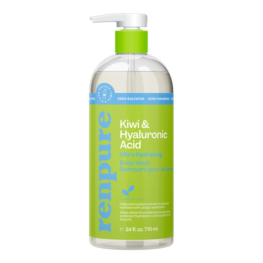 Renpure Kiwi and Hyaluronic Acid body wash bottle front highlighting hydrating formula