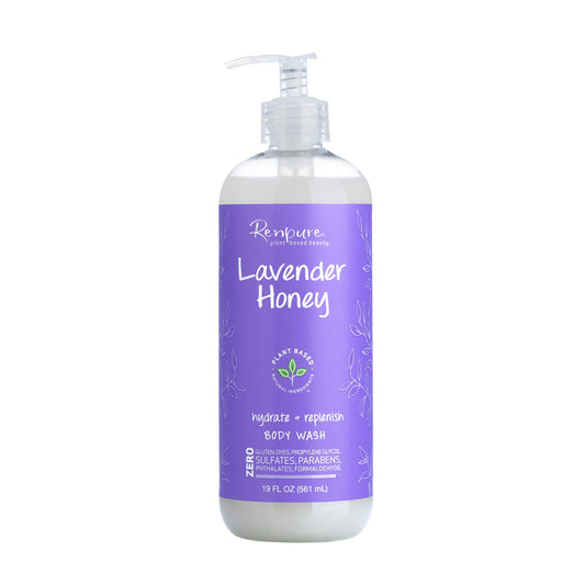 RENPURE Lavender body wash bottle with pump for easy daily use.