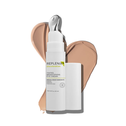 Replenix tinted eye cream tube showing universal tint for subtle under-eye coverage.