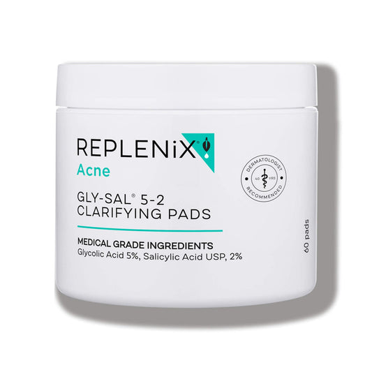 Replenix Gly-Sal Clarifying Pads pack shown for convenient daily use on acne-prone skin.