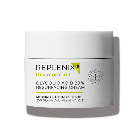 Replenix Glycolic Acid 20% cream bottle on a counter, suggesting smoother texture.