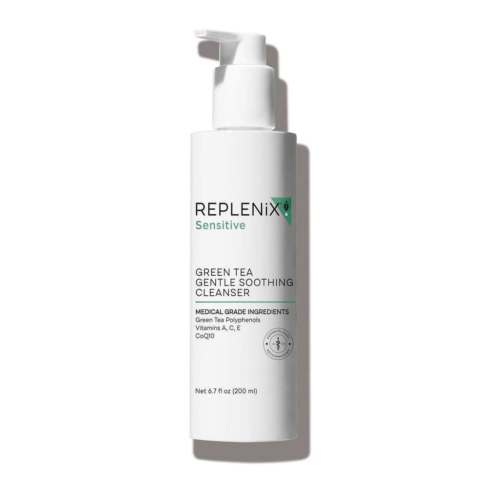 Replenix Green Tea Gentle Cleanser pump-top for easy, controlled dispensing.