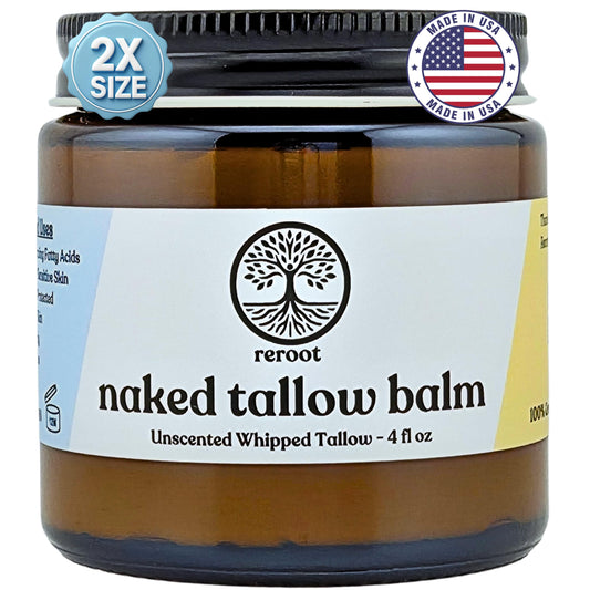 Reroot Organics Naked Tallow Balm packaging, simple, natural family skincare.