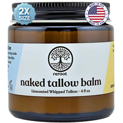 Reroot Organics Naked Tallow Balm packaging, simple, natural family skincare.