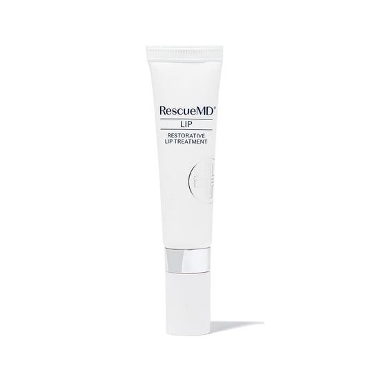 RescueMD Restorative Lip Treatment applied to lips for deep hydration and a fuller look