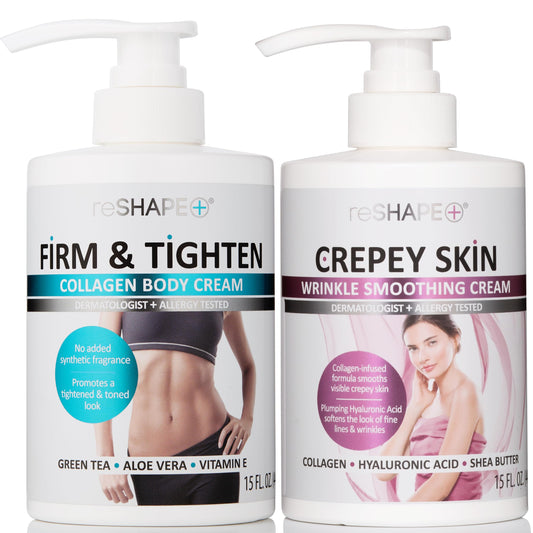 Reshape+ collection packshot showing two collagen body cream tubes for hydration