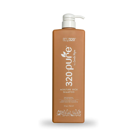 Rev320 320Pure Moisture Rich Shampoo bottle close-up shows argan oil nourishment.