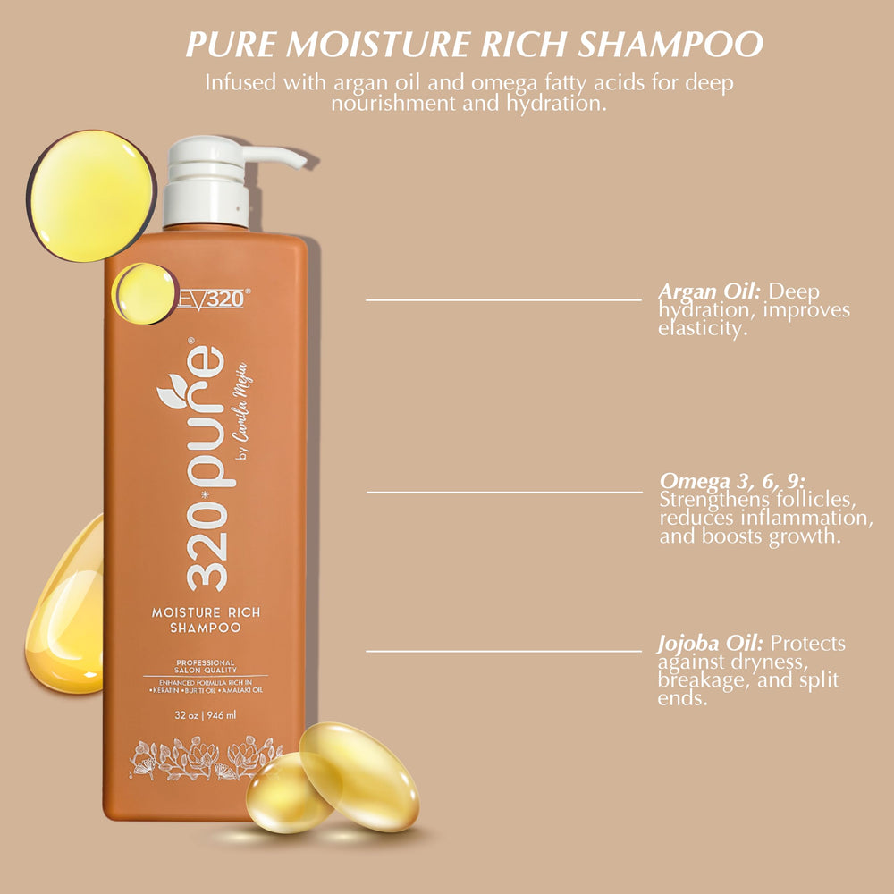 Rev320 320Pure Moisture Rich Shampoo controls frizz for smooth results.
