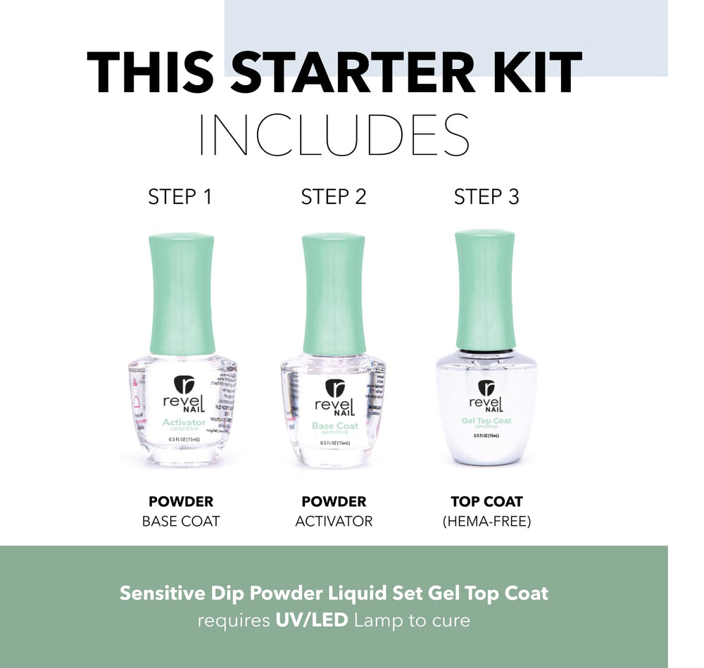 Revel Nail Sensitive Dip Powder Liquid Set packaging for easy DIY manicures.