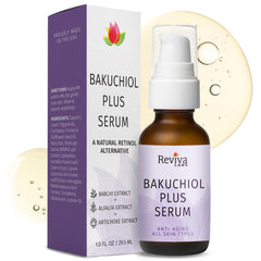 Reviva Labs Bakuchiol Serum bottle close-up for a smooth, radiant complexion.