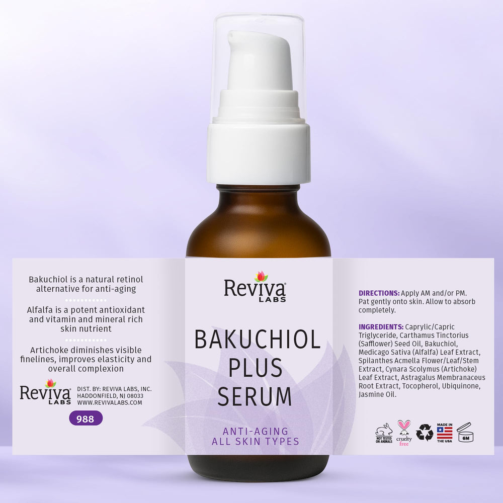Reviva Labs Bakuchiol Serum on nightstand, ideal for evening skincare ritual.