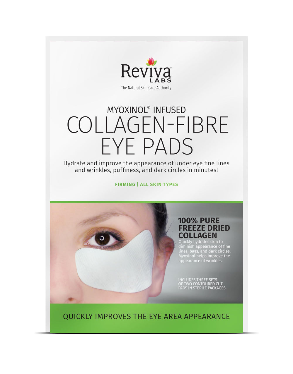 Reviva Labs Collagen Fibre Eye Pads pack front showing refreshing under-eye skin.