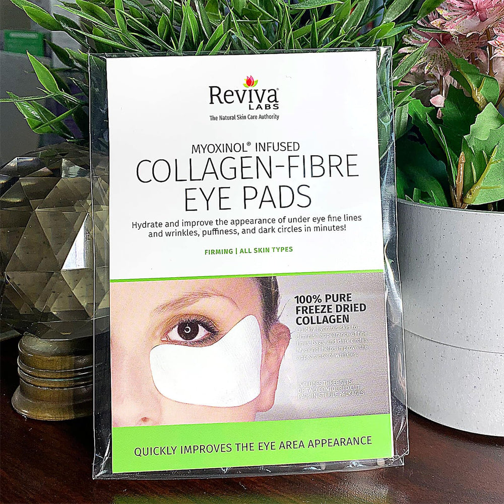 Reviva Labs eye pads placed under the eyes for a cooling, soothing wake-up effect.