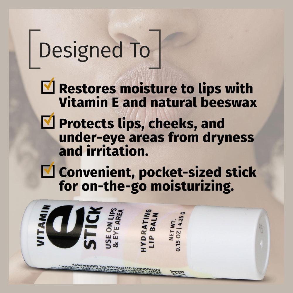 Closeup of Reviva Labs Vitamin E Stick with shea butter for nourishing skin.