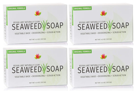 Reviva Seaweed Soap 4-pack front view highlights exfoliating bars for cleansing benefits.