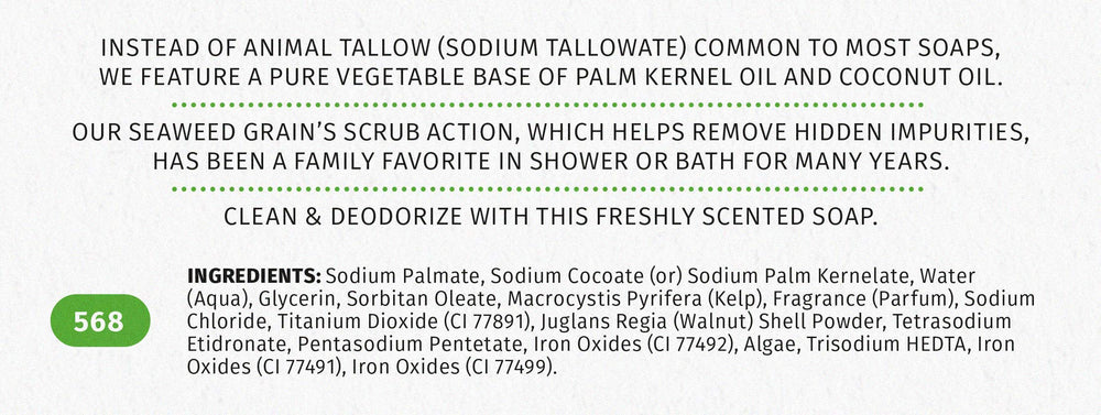 Reviva Seaweed Soap ingredients organic base with palm kernel and coconut oils.