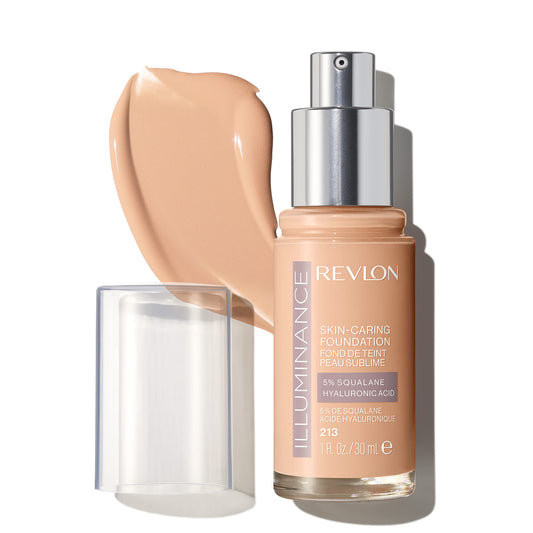Revlon Illuminance foundation bottle close-up showing a hydrating, radiant finish.