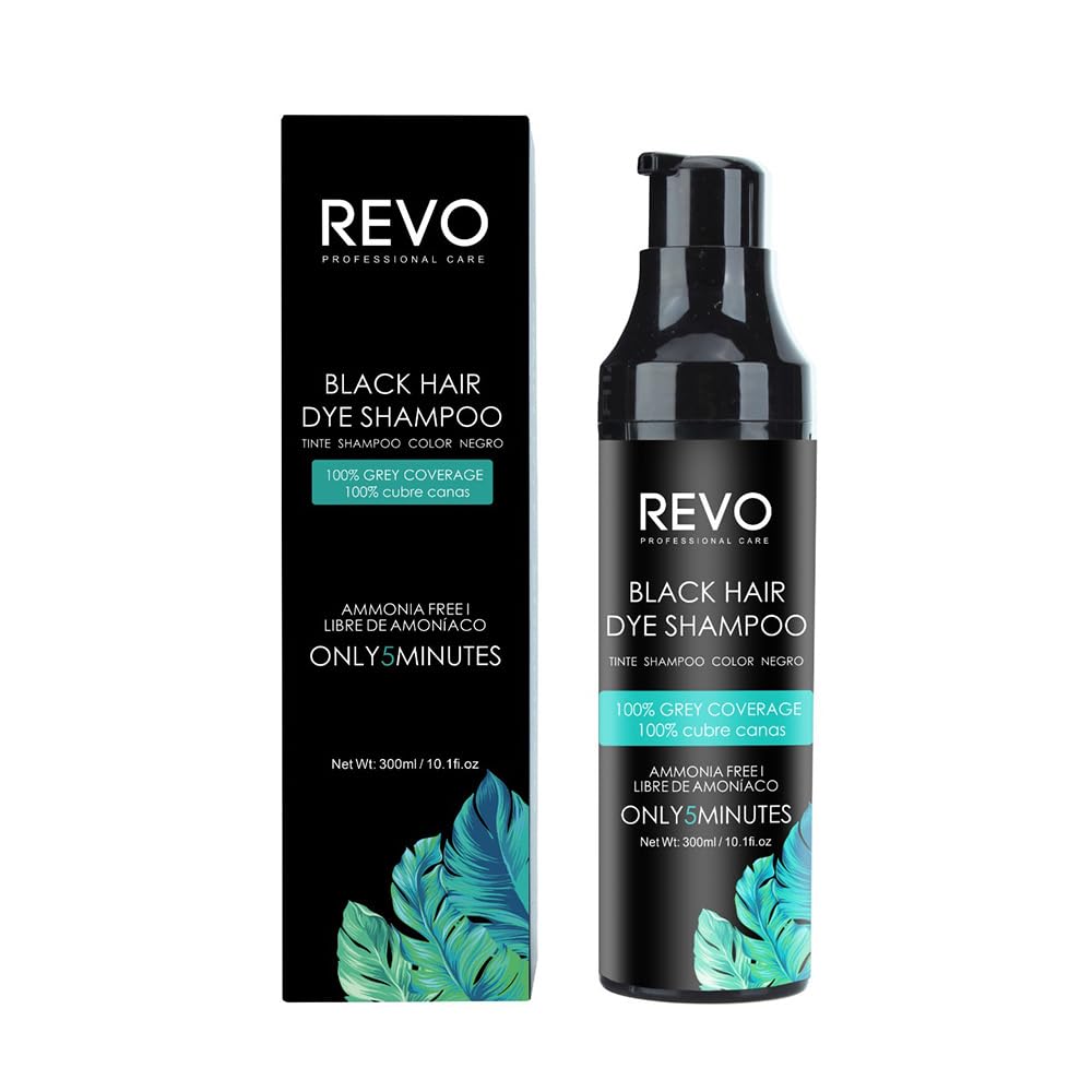 REVO Instant Black Hair Dye Shampoo bottle ready for fast color action.