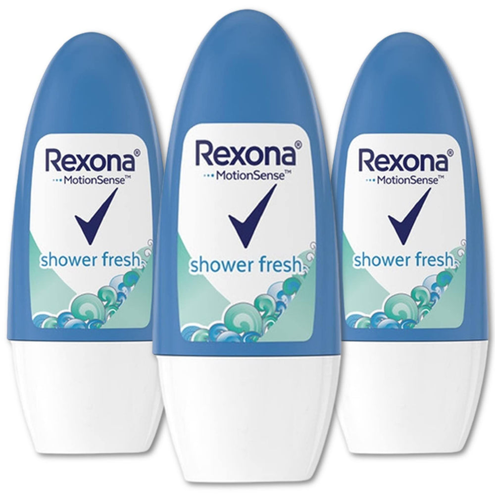 Rexona Shower Fresh roll-on bottle close-up showing smooth application and clean scent.
