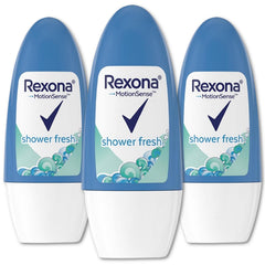 Rexona Shower Fresh roll-on bottle close-up showing smooth application and clean scent.